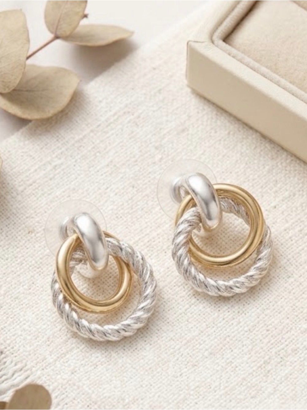 Two-Tone Silver and Gold Rope Loop Earrings - Women Jewelry